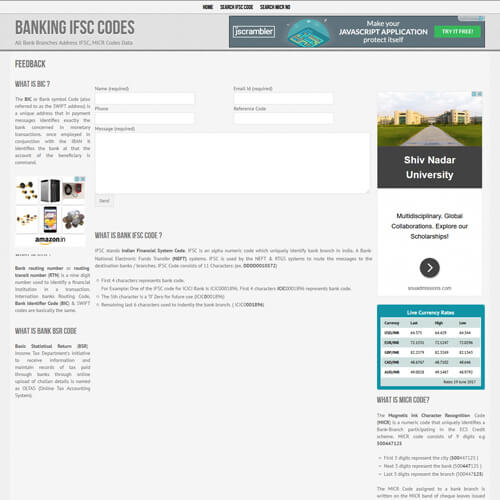 Banking IFSC Codes Feedback